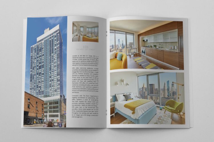 Interior spread of brochure shows photos of architecture