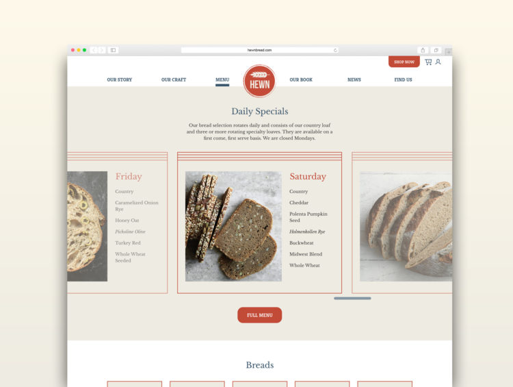 Hewn bread website menu