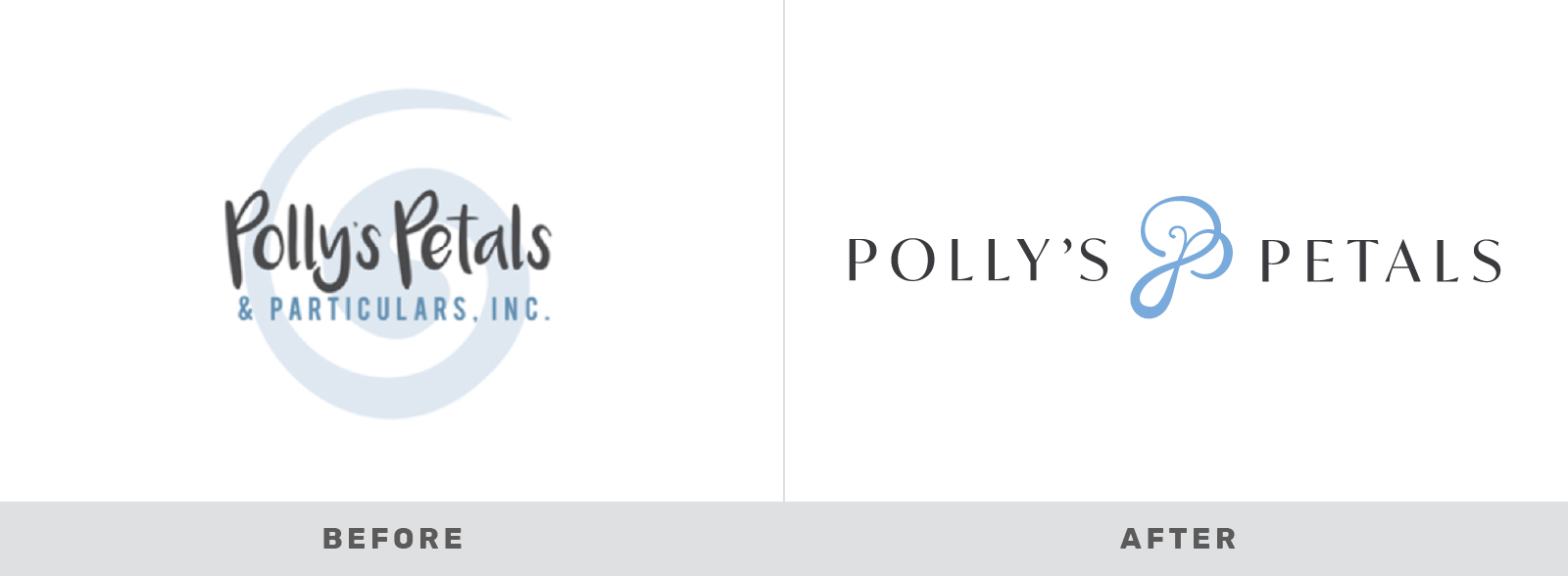 The old Polly's Petals logo with a swirl is next to the new Polly's Petals logo, which has a custom 