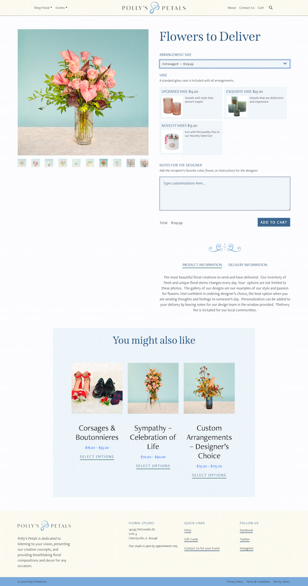 Screenshot of the a page from Polly's Petals' new website where customers can purchase a floral arrangement.