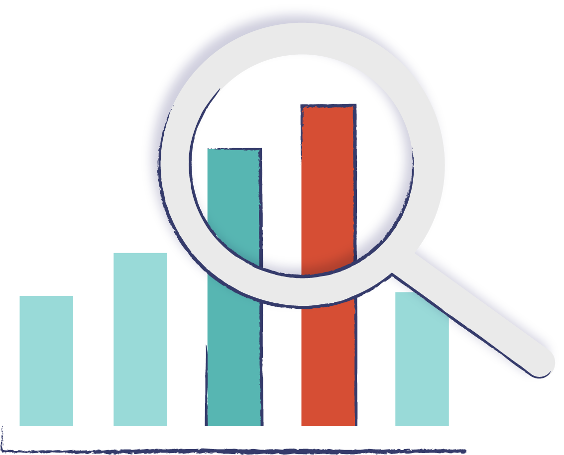 Decorative icon with a bar graph and magnifying glass