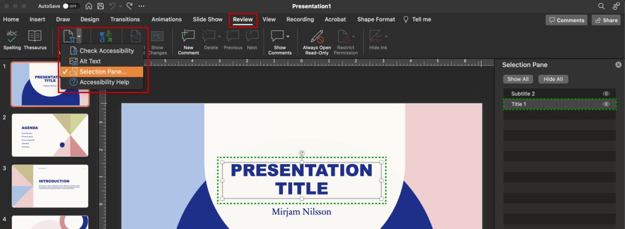 Screenshot of PowerPoint with the Selection Pane open.