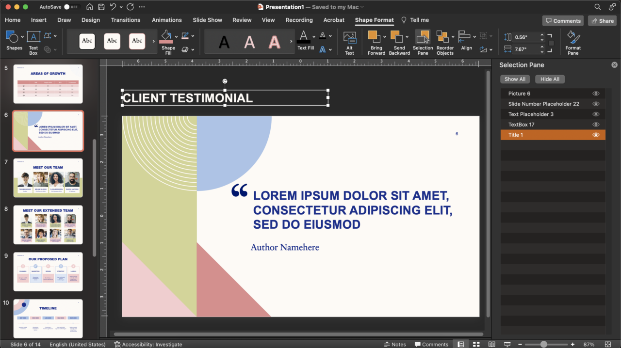 Screenshot of PowerPoint showing how to add an invisible headline. The slide's title is positioned off of the slide. 