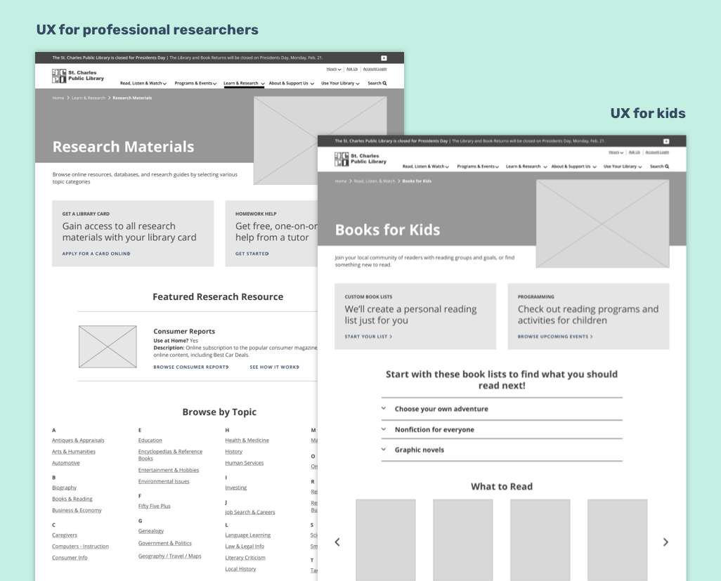 Wireframes showing user experiences for two very different user types: professional researchers and children.