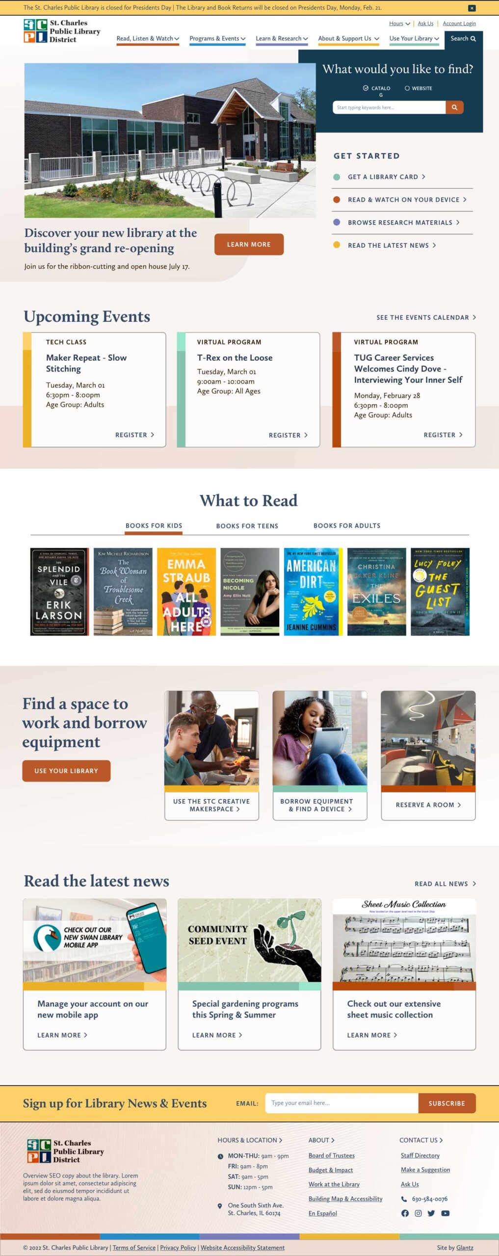 Screenshot of the full homepage for St. Charles Public Library District