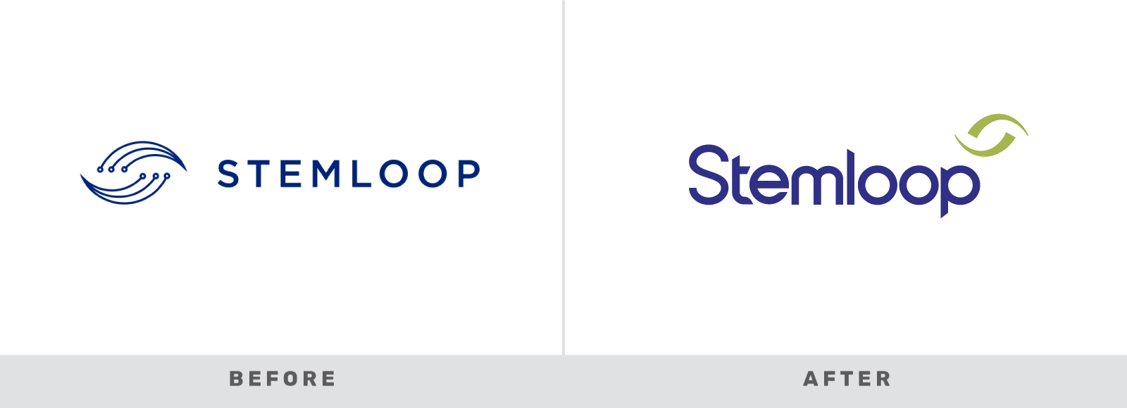 Before and After for the Stemloop logo changes showing the shift from dots and a wave to two crescents creating infinite loop