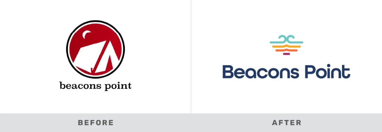 Before and after comparison of the Beacons Point logo showing the outdated branding next to the joyful new brand identity.