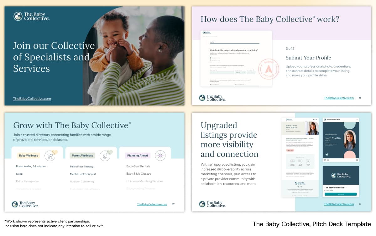 Pitch deck templates for The Baby Collective to clarify business offerings and listing features